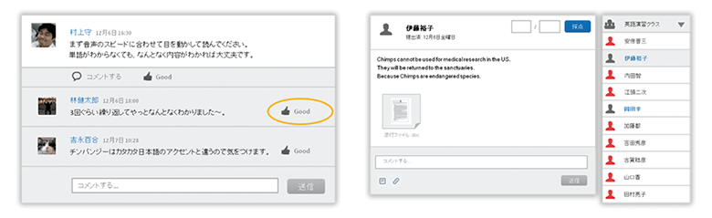 学生グループごとにデジタルテキストブック(教材)ディスカッション、課題レポート提出では、学生間でお互いの発言や回答に対してコメントやGoodポイントをつけ合うことができます。