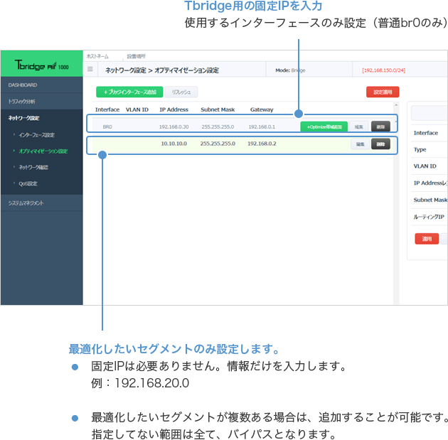 Tbridge用の固定IPを入力 使用するインターフェースのみ設定(普通br0のみ) 最適化したいセグメントのみ設定します。 固定IPは必要ありません。情報だけを入力します。 例:192.168.20.0 最適化したいセグメントが複数ある場合は、追加することが可能です。指定してない範囲は全て、バイパスとなります。